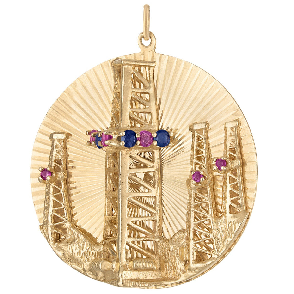Vintage Large Gemset Oil Rig Disc 14k Gold Charm
